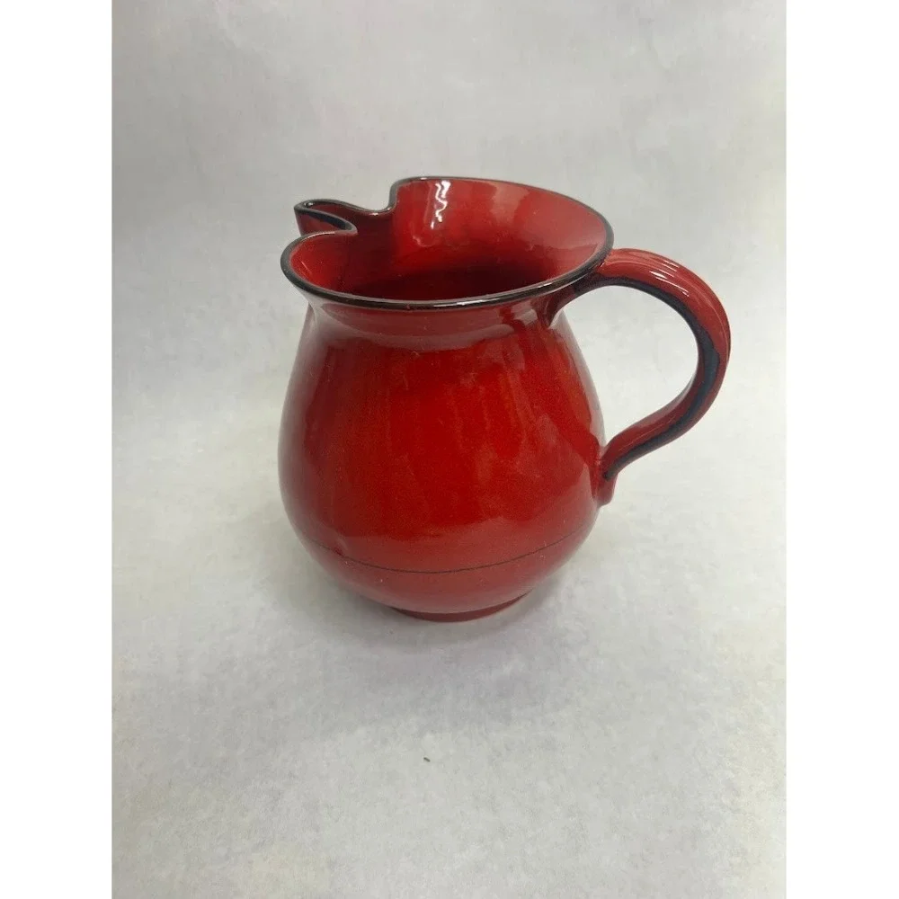 Handmade Red Glazed Ceramic Pitcher Pinched Spout Signed M Ro Studio Pottery